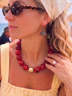 Morocco Red Bead Necklace with Gold Accent -